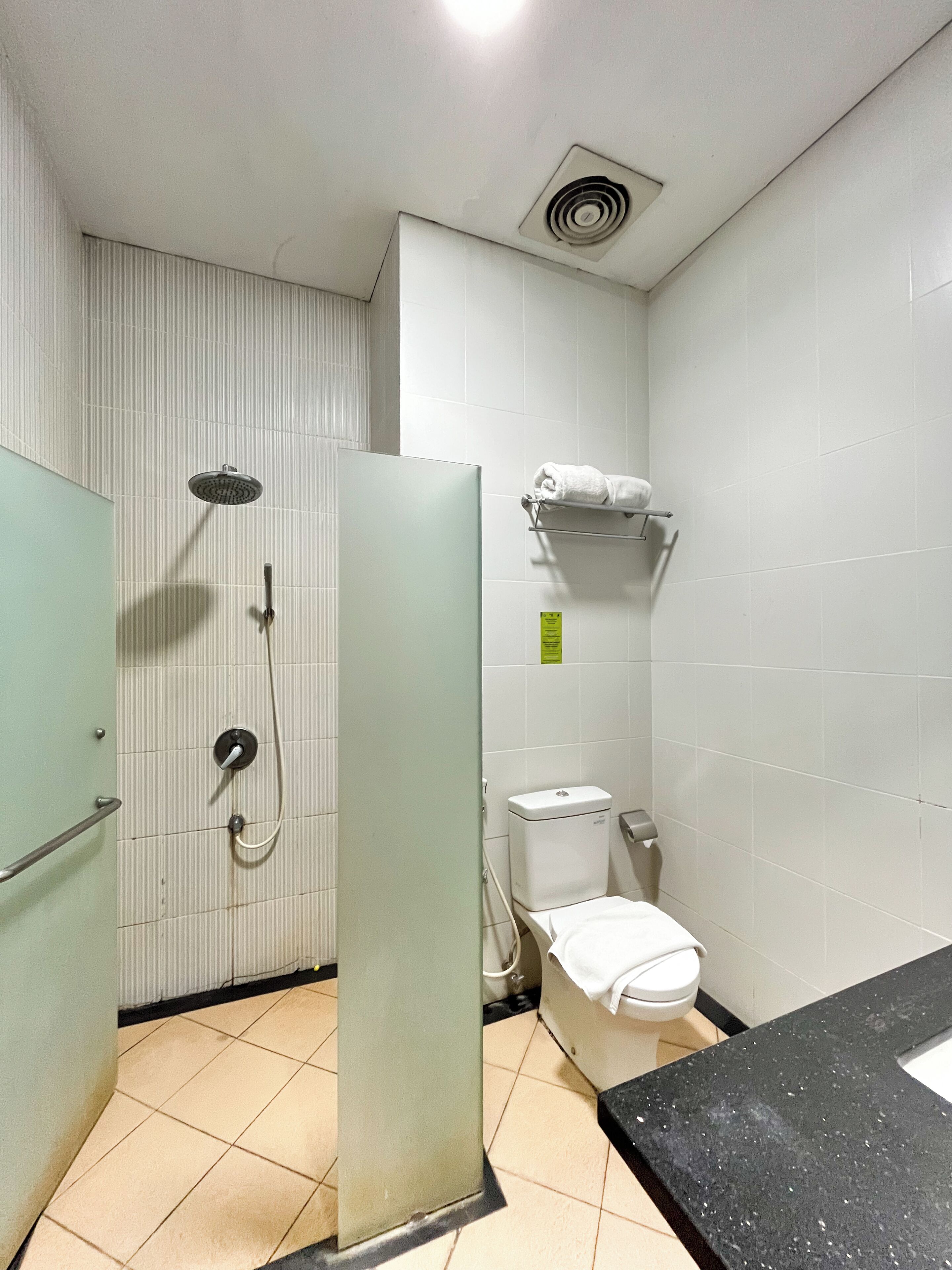 Ein Badezimmer mit Dusche, Toilette und Waschbecken.