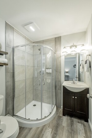 Une salle de bain moderne avec une douche à parois de verre, un meuble-lavabo avec un évier et un miroir, et des toilettes.