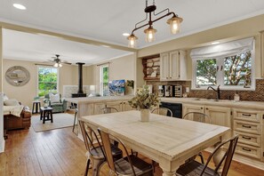 Fridge, microwave, oven, stovetop - Peach Orchard Haus: 4 Blocks From Main St. | Outside Fire Pit | Deck | King Beds (Fredericksburg)