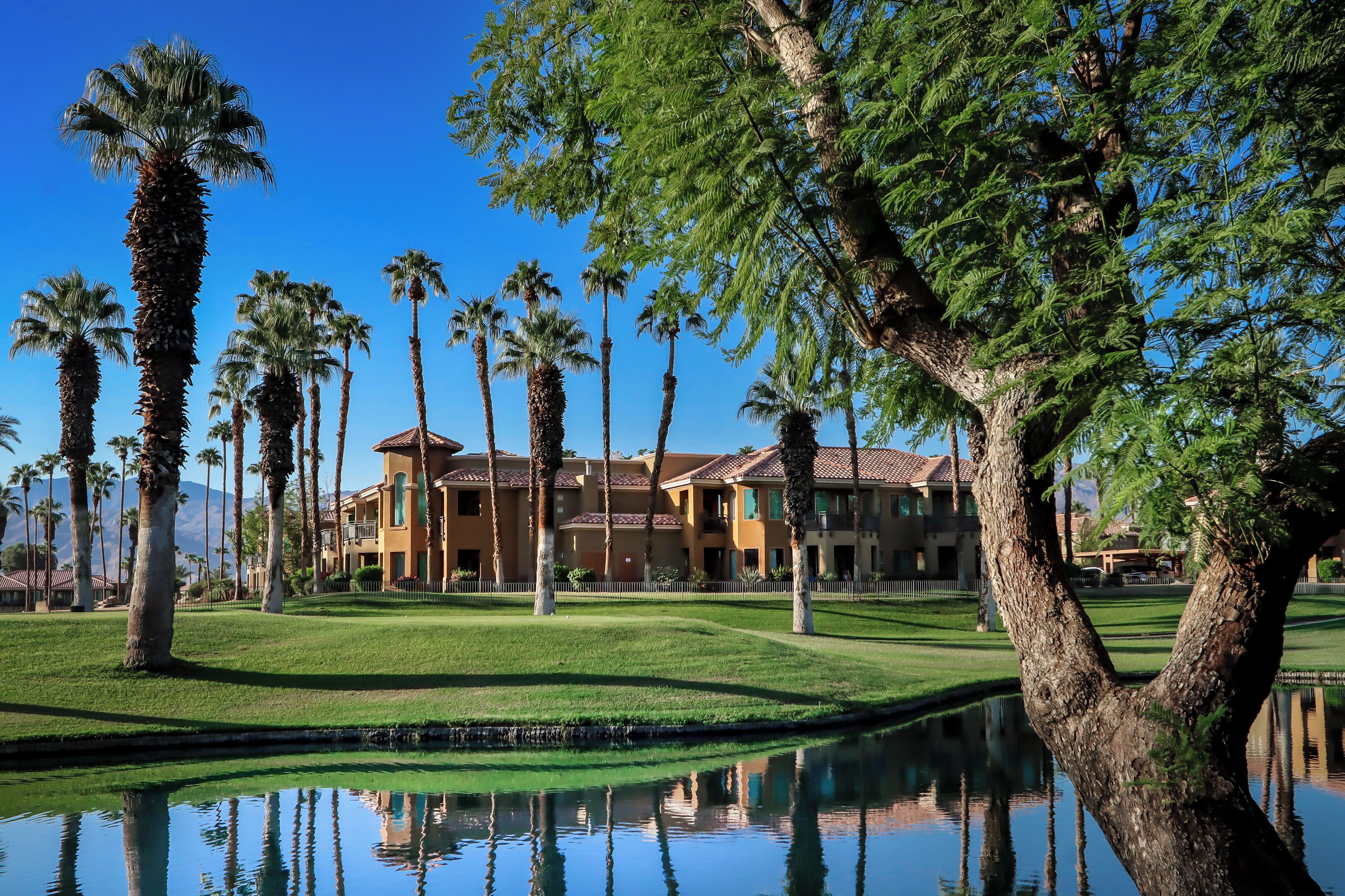 A resort with palm trees, a pond, and a building with a tiled roof.