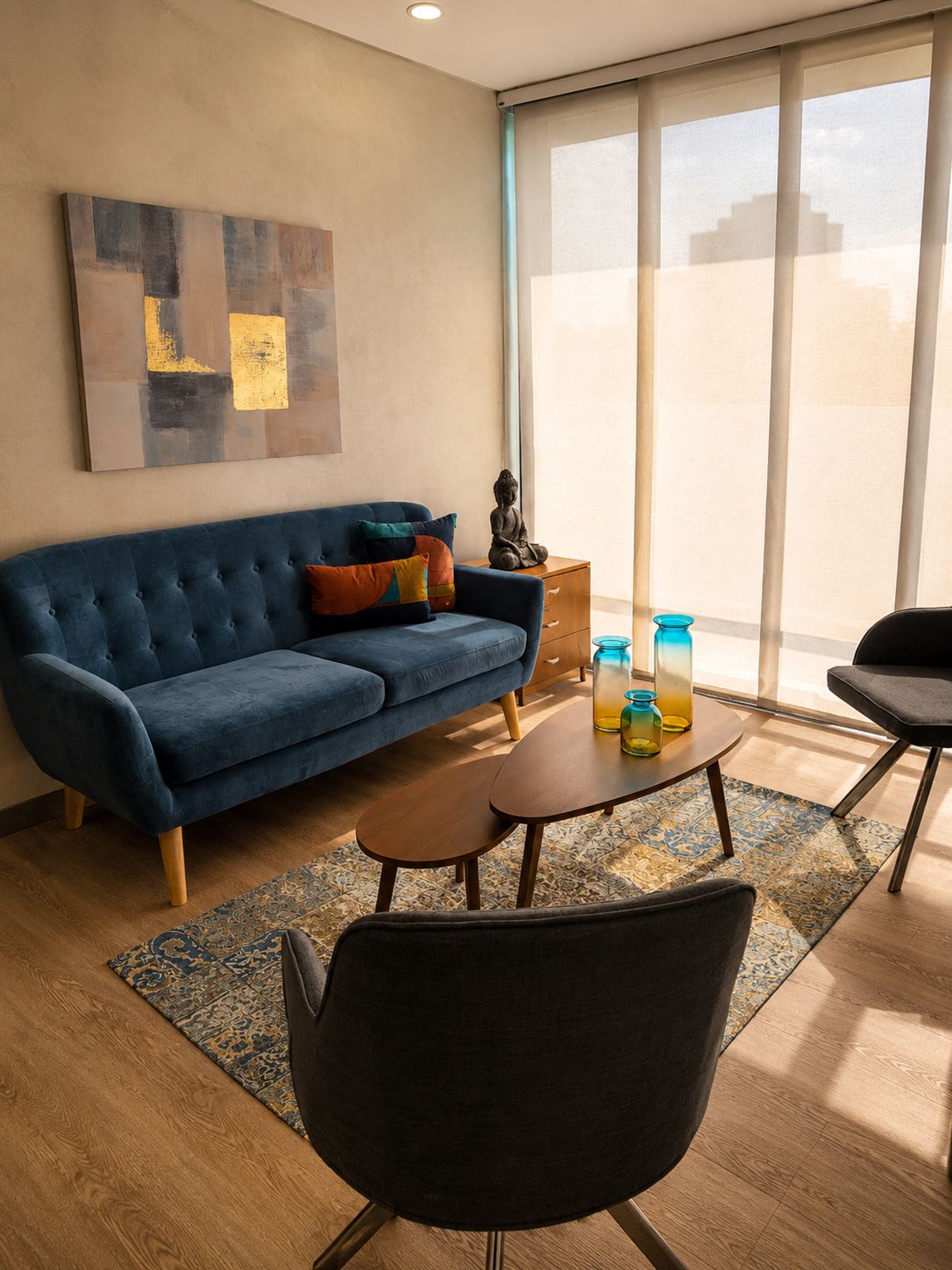 A modern living room with a blue sofa, a small coffee table, a black armchair, and a large window with a view.