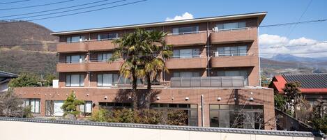 A multi-story building with a brick facade, multiple balconies, and a palm tree in front.