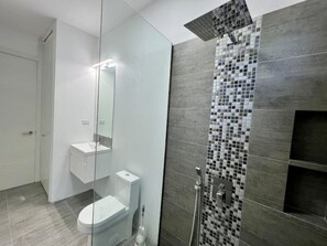 Hair dryer, towels, toilet paper