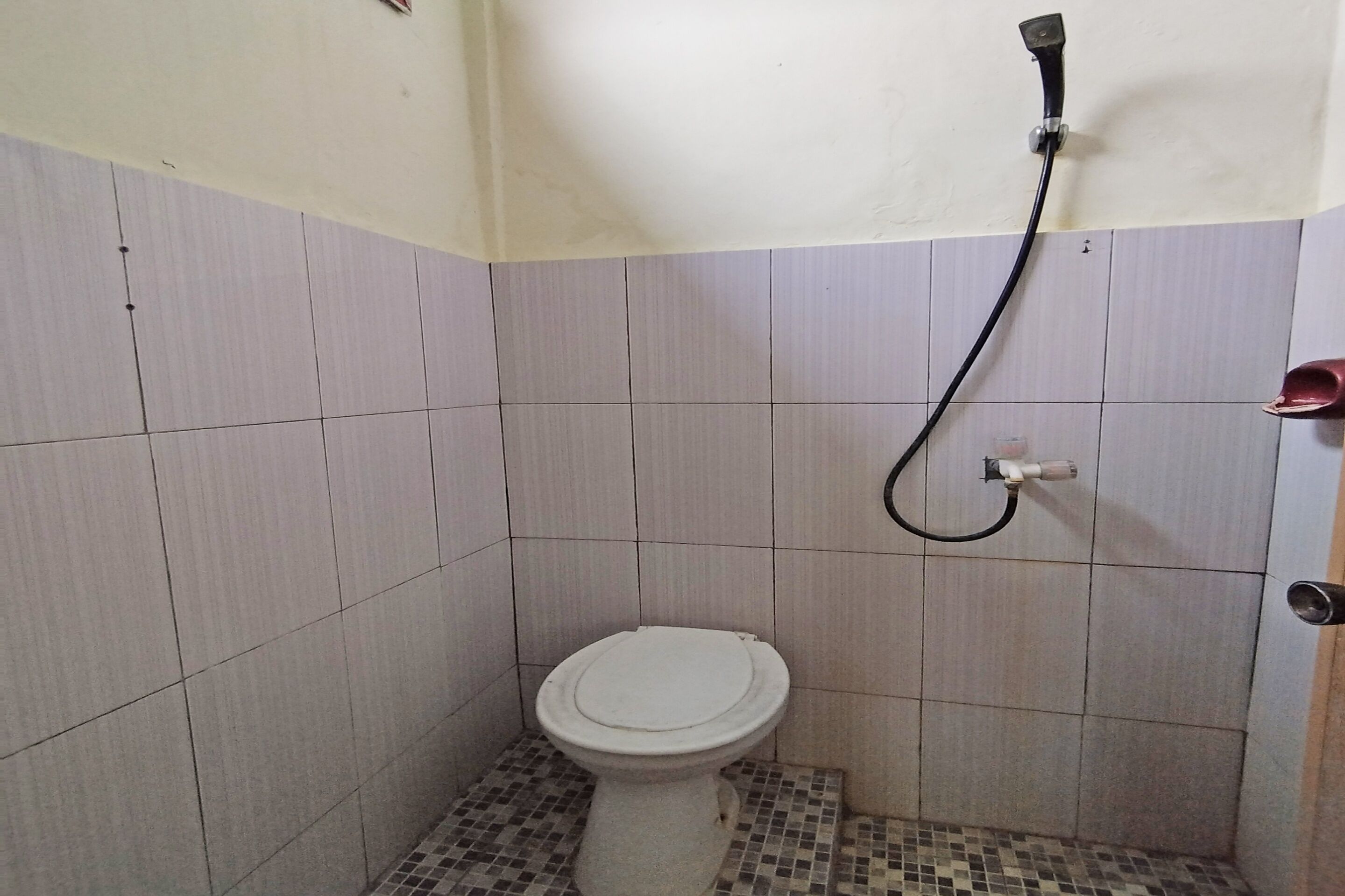 A small bathroom with a toilet, a shower head, and tiled walls.