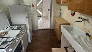 A compact kitchen with a gas stove, oven, refrigerator, wooden cabinets, and a white sink.