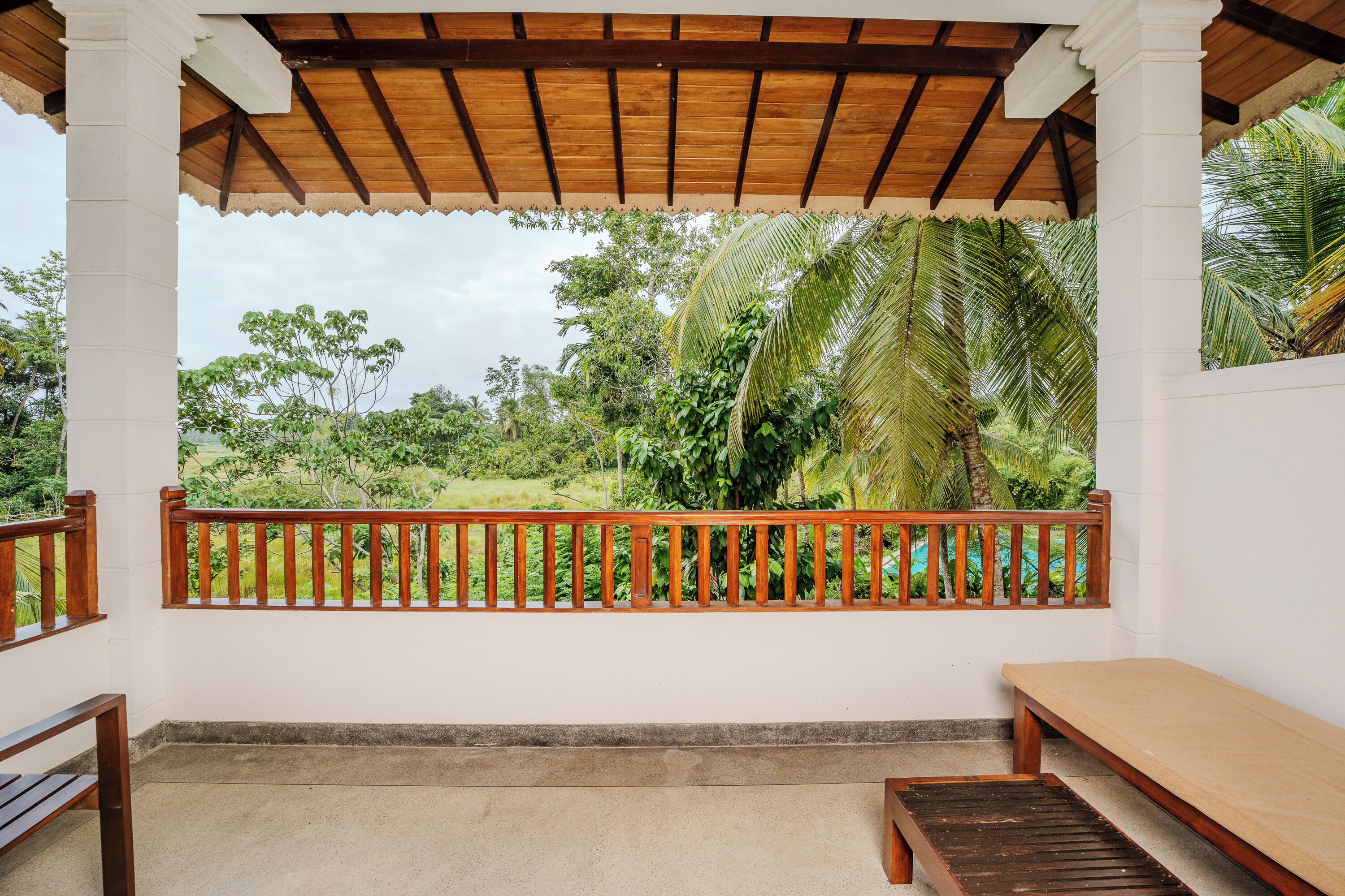 Un espacio al aire libre cubierto con un banco de madera y vistas a abundante vegetación.