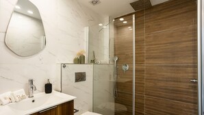 Klassieke penthouse | Badkamer | Een douche, een haardroger, handdoeken, toiletpapier