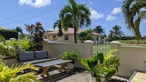 A patio area with a wooden table and benches, surrounded by potted plants and palm trees.