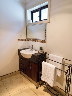 Shower, eco-friendly toiletries, hair dryer, towels