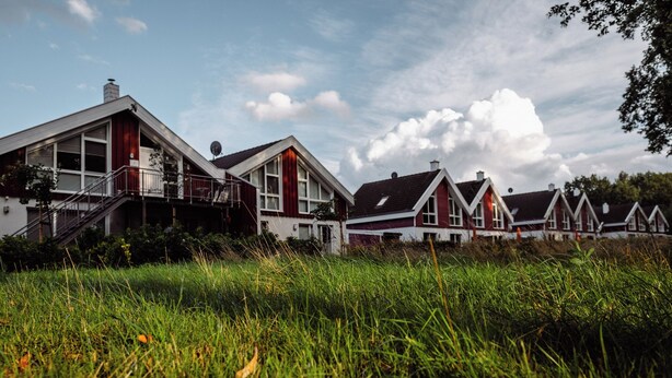 A row of traditional houses with steep roofs and large windows, set in a grassy area with a clear sky. - Luxury holiday home with every comfort - sauna, bathtub with whirlpool function (Nordhorn)