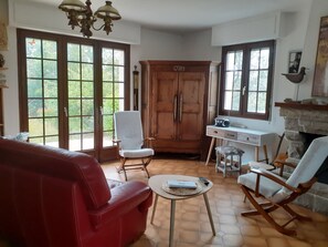 TV, fireplace, books, printers