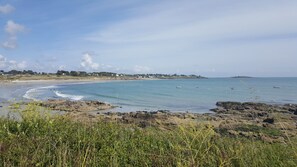 A coastal landscape with a rocky shoreline, calm sea, and distant houses.