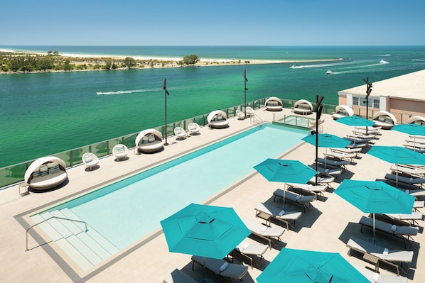 Outdoor pool, pool umbrellas, pool loungers