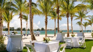 A beachside wedding setup with white tables and chairs, palm trees, and a view of the ocean.