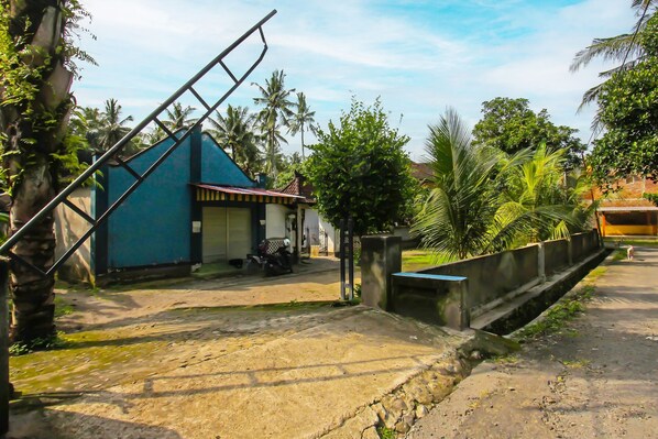 A residential area with a blue building, a concrete pathway, and palm trees.