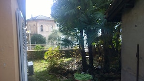 A courtyard with a building in the background, a palm tree, and some greenery.