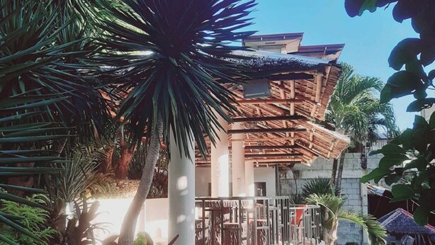 Un edificio con tejado de paja, rodeado de exuberante vegetación y palmeras.
