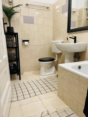 Hair dryer, towels, soap, shampoo