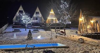 რაჭაში, ეკოლოგიურად სუფთა ხის კოტეჯი, აუზით და კეთილმოწყობილი ეზოთი