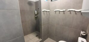 Hair dryer, towels, soap, shampoo