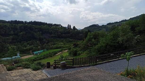 A rural landscape with a gravel path, wooden fence, and greenery. - Logement Calme et Spacieux Avec vue à 400 M D'un Plan D'eau (Lamastre)