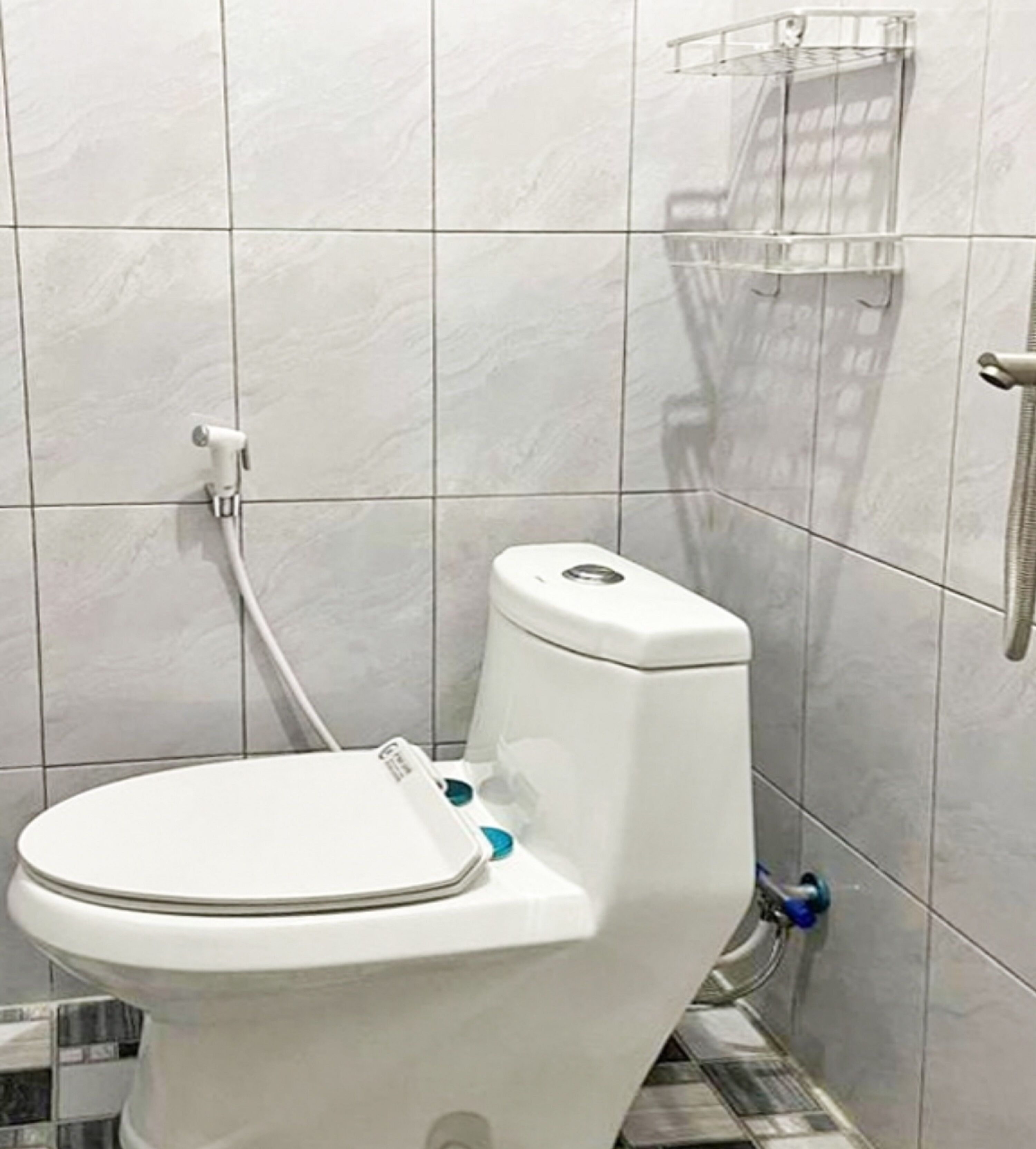 A bathroom with a toilet, a shower, and a tiled wall.