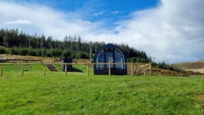 Una estructura abovedada con una puerta de vidrio, rodeada por una valla de madera, ubicada en un campo cubierto de césped con un bosque al fondo.