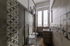 Shower, hair dryer, bidet, towels