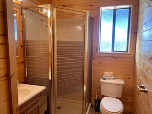 Un baño de cabaña de madera con cabina de ducha de vidrio, inodoro y lavamanos.