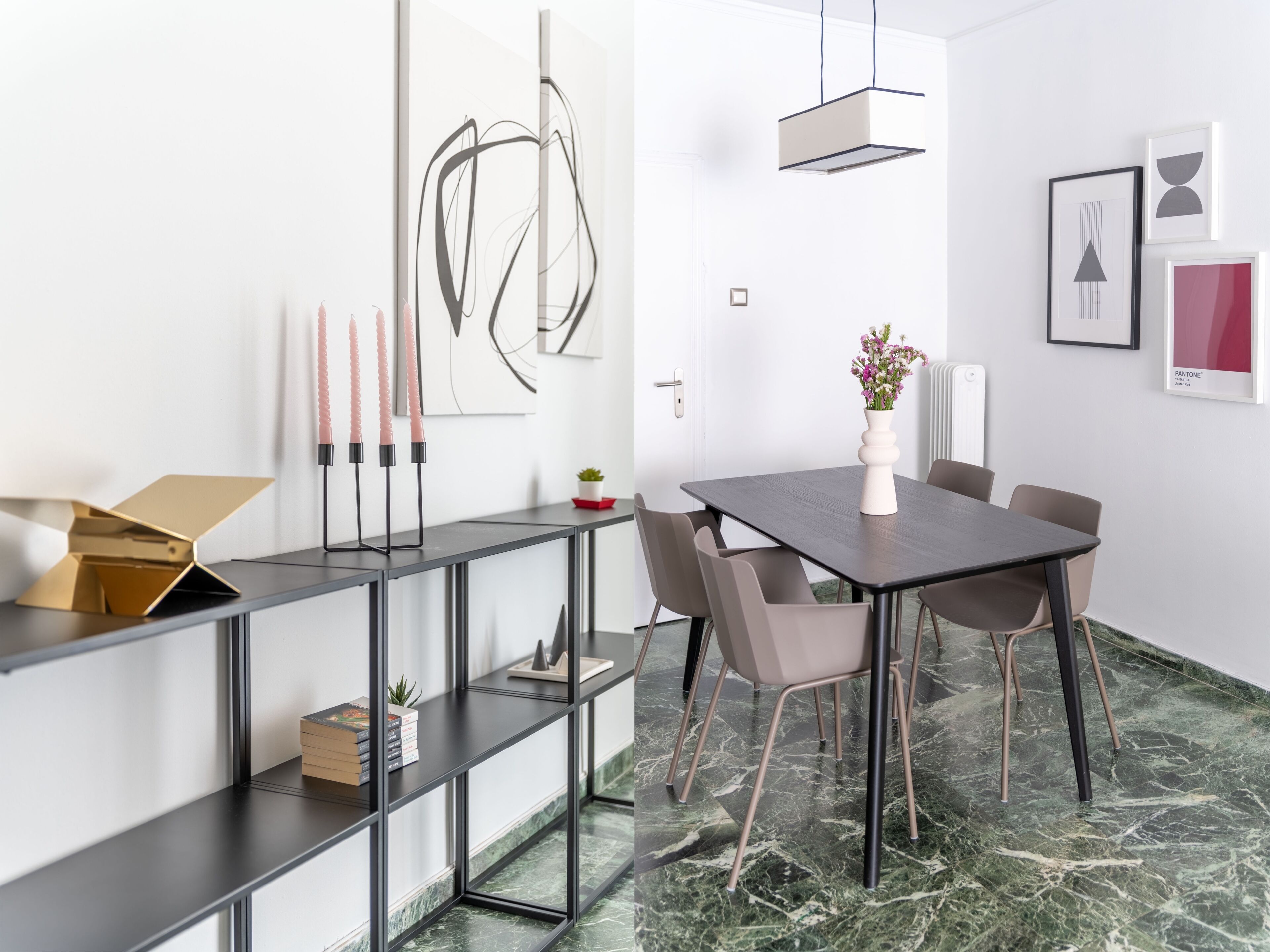 Ein moderner Essbereich mit dunklem Marmorboden, einem rechteckigen Tisch und sechs Stühlen. Ein Bücherregal mit Büchern und einer kleinen Pflanze, sowie abstrakte Kunst an der Wand.