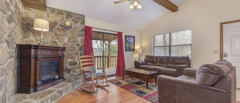 Cabin, Multiple Beds, Fireplace, Garden View | Living area | TV, fireplace