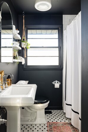 Combined shower/bathtub, hair dryer, towels