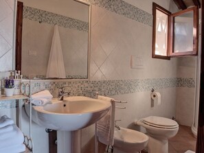 A bathroom with a large sink, two toilets, and a mirror.