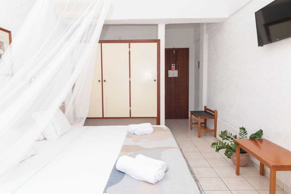 A hotel room with a bed, a wooden desk, a chair, a potted plant, and a wardrobe.