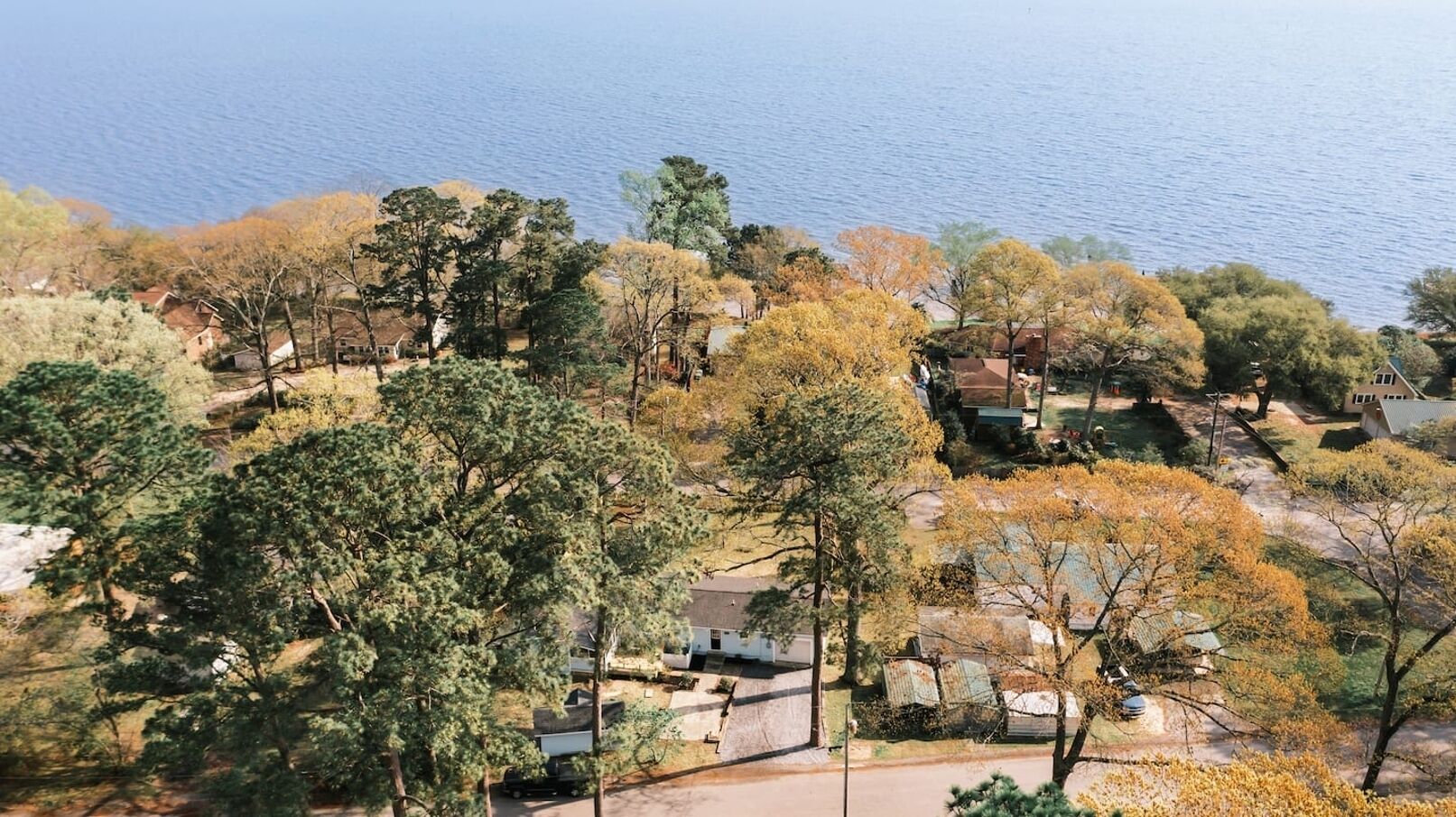 Zona residencial con casas y árboles, con vistas a un cuerpo de agua.