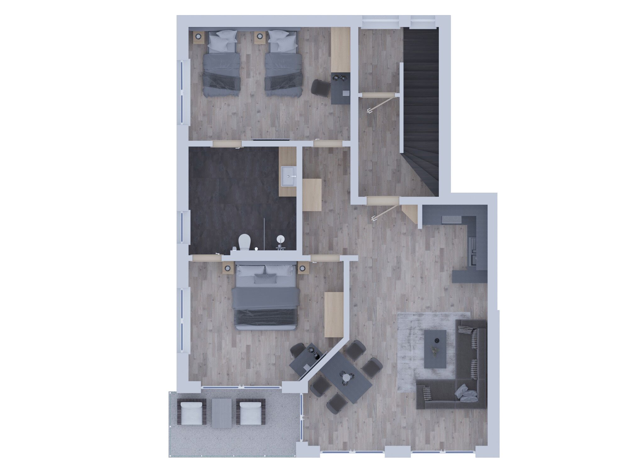 A hotel room layout with two bedrooms, a bathroom, a living area with a sofa and coffee table, and a small balcony.