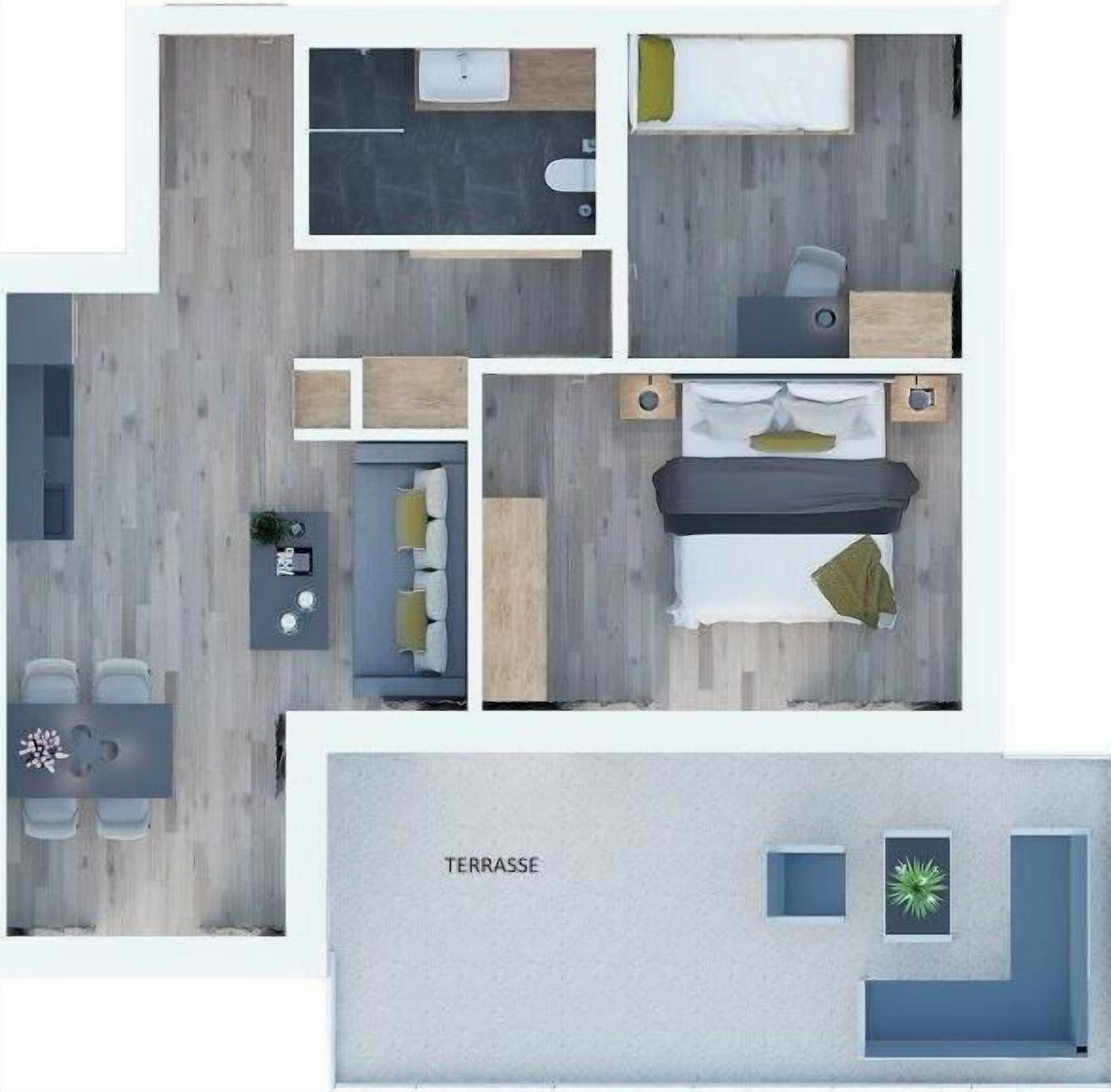 A hotel room layout with a bed, seating area, and a small kitchenette.