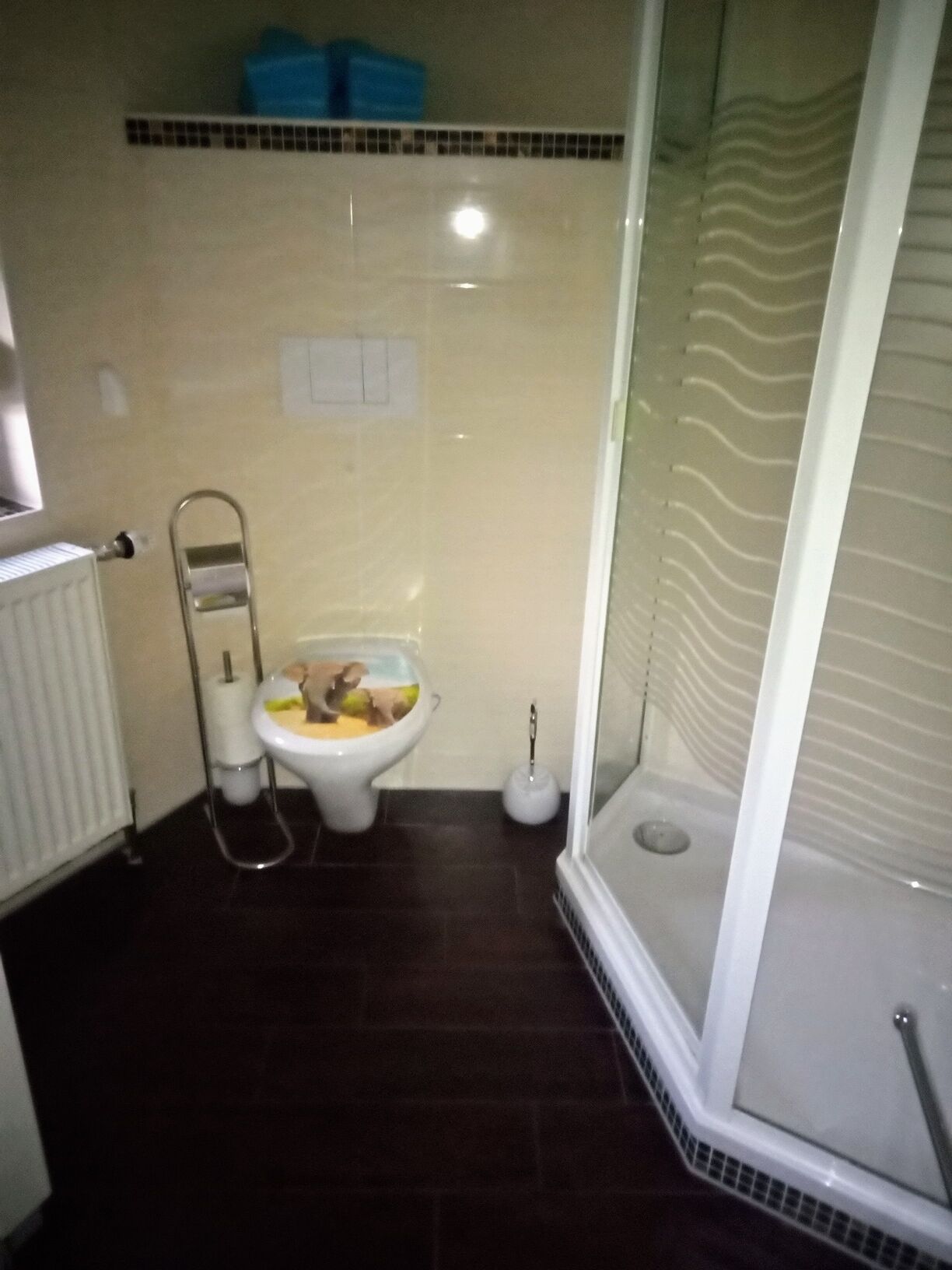 A bathroom with a toilet, bidet, and shower.