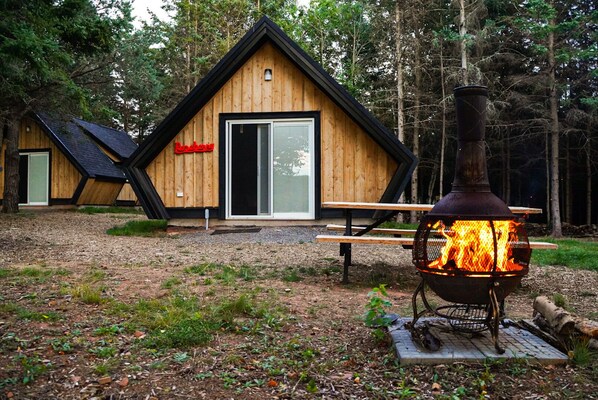 A wooden cabin with a glass door and a fire pit in front. - Wild Pines Cabins (Eldon)