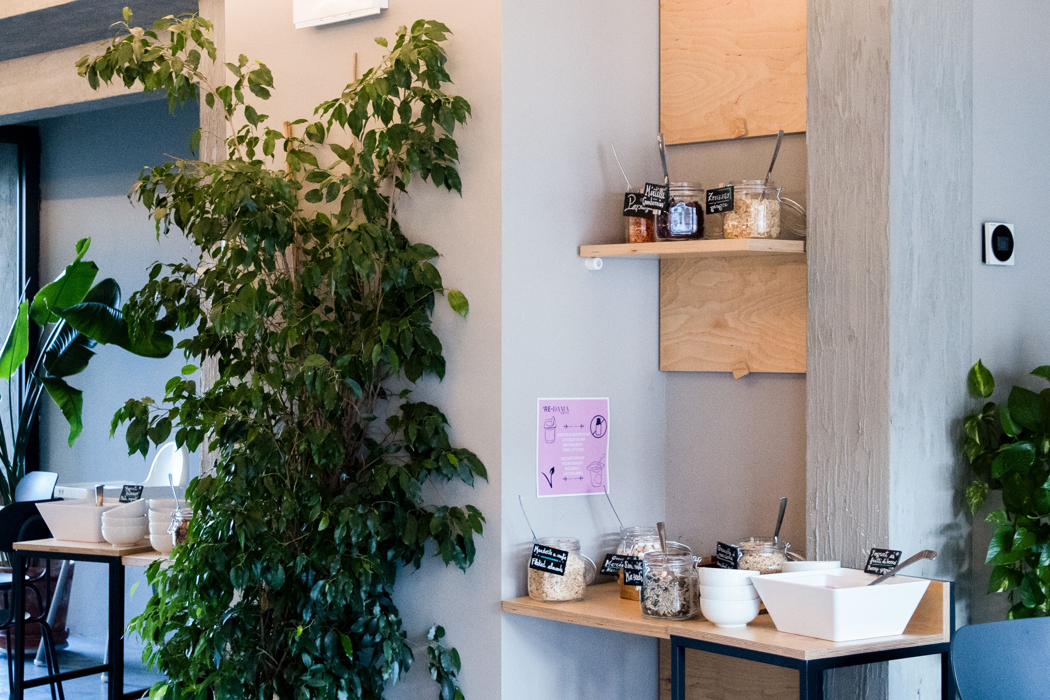 Interior de una cafetería con mostrador de madera, frascos de condimentos y una pizarra con el menú.