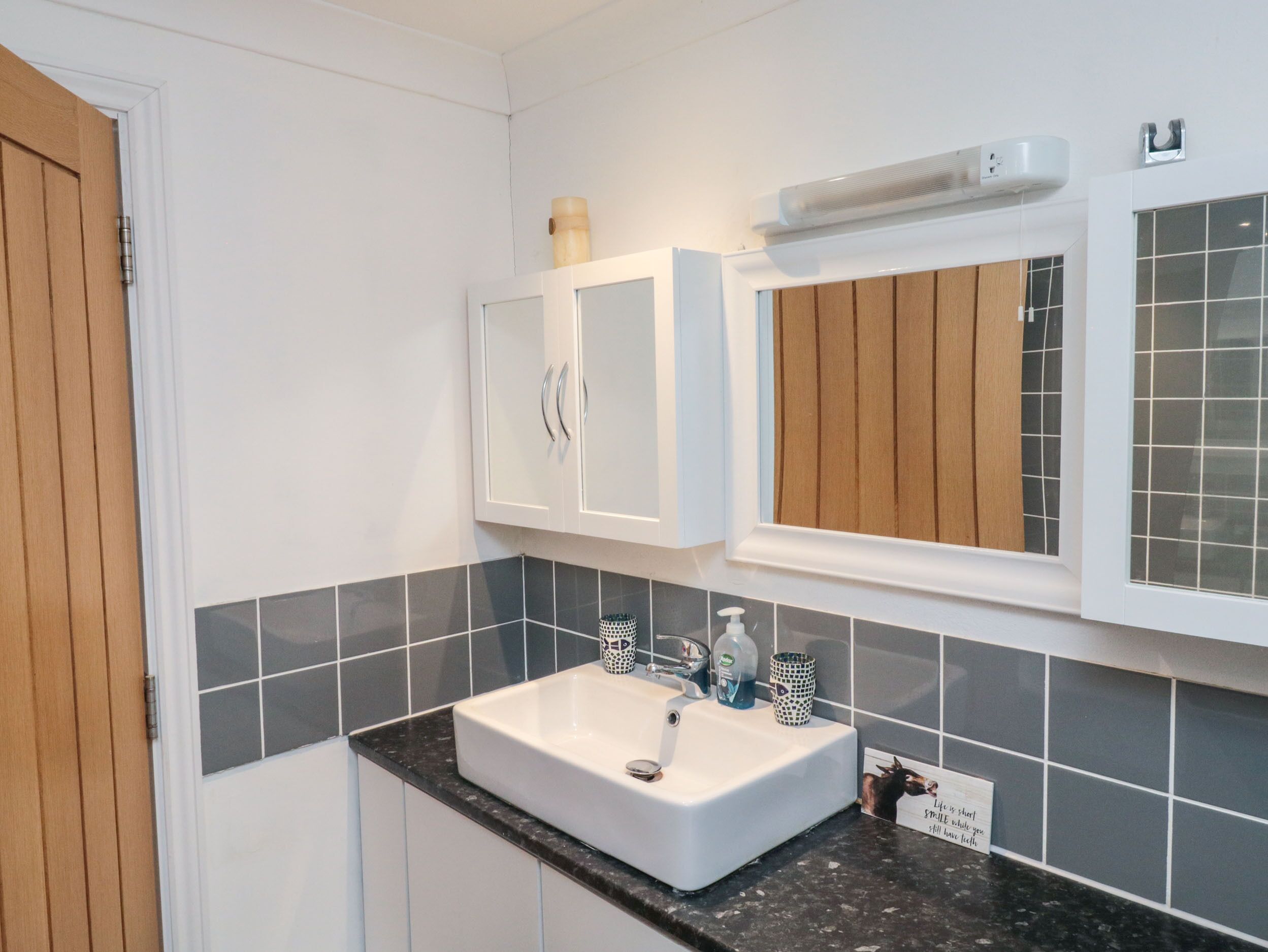 A bathroom with a white sink, a mirror, and a cabinet.