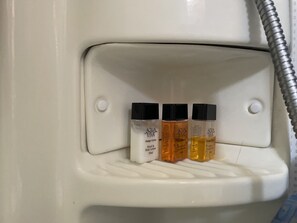 Douche, sĂšche-cheveux, serviettes fournies, savon