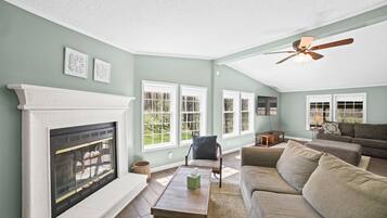 Smart TV, fireplace, video games, DVD player