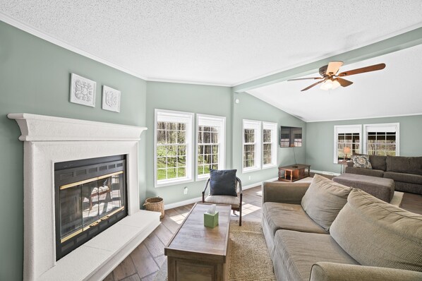 Smart TV, fireplace, video games, DVD player