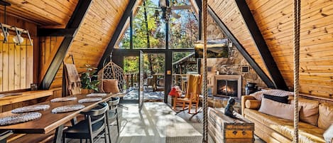 Smart TV, fireplace, table football, books