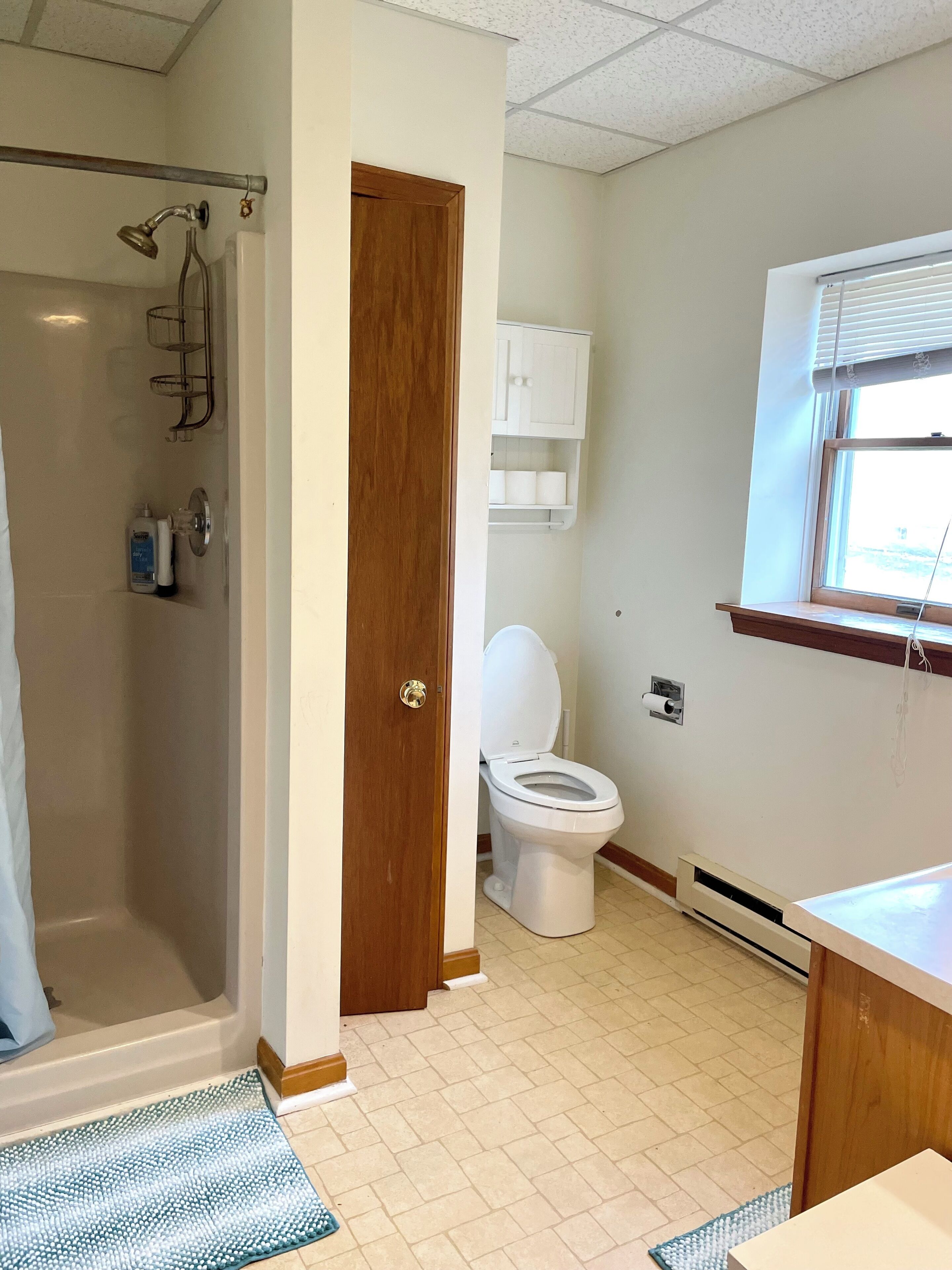 Hair dryer, towels, soap, toilet paper
