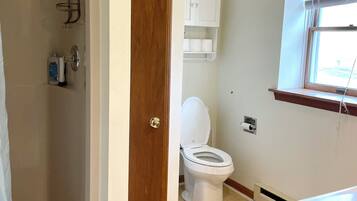 Hair dryer, towels, soap, toilet paper