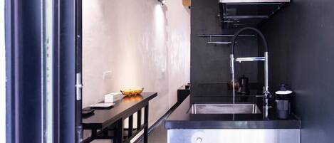 Fridge, microwave, dining tables