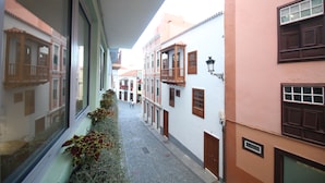 Una calle estrecha flanqueada por edificios, con un camino adoquinado y una ventana con plantas a la izquierda.
