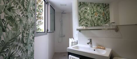 Un baño con ducha, lavabo y espejo.